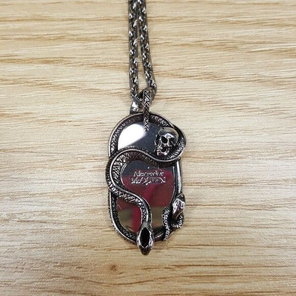 ALEXANDER MCQUEEN Mens Dog Tag Necklace Silver Tone Brass Skull & Snake $590 - Picture 5 of 11